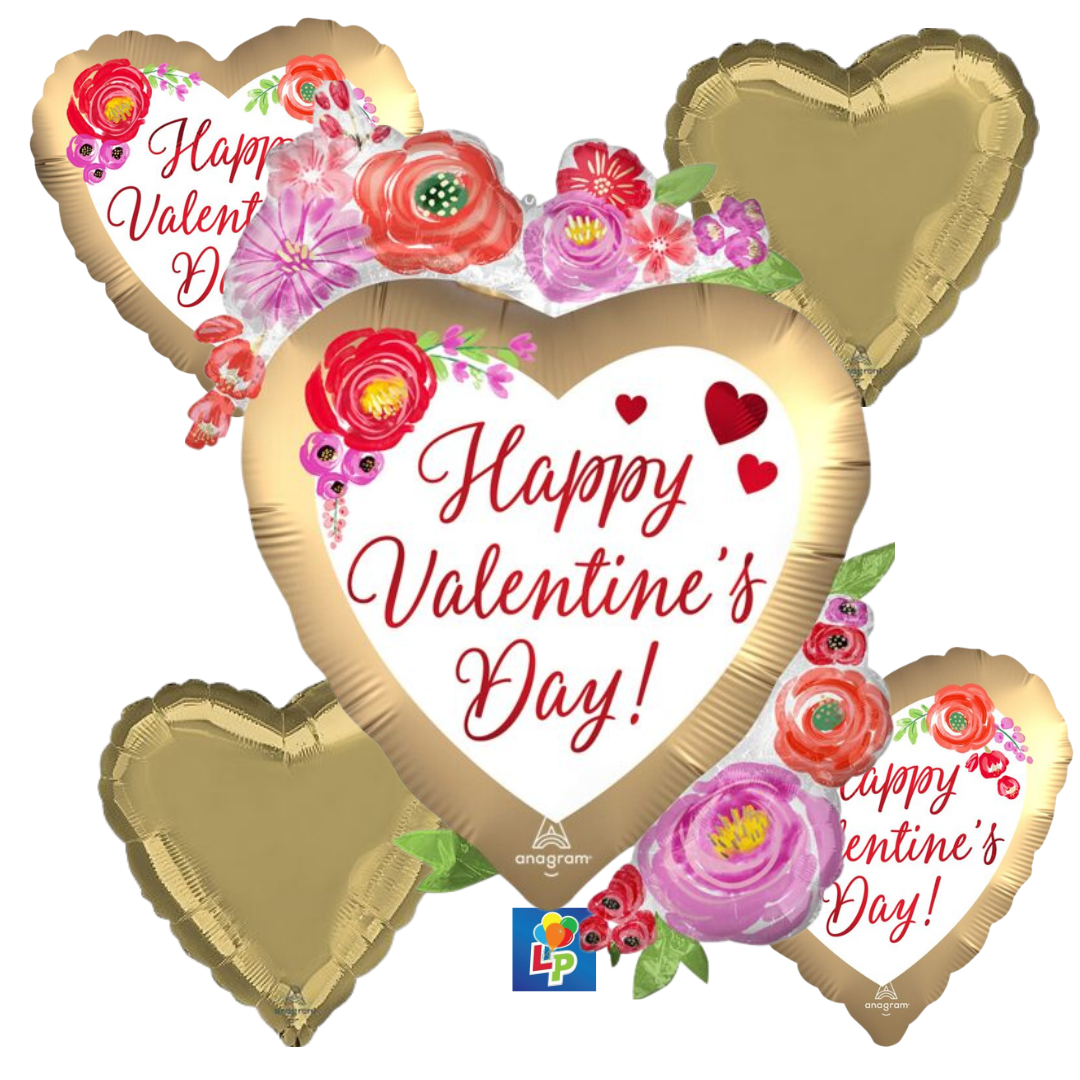 Heart-shaped Valentine's Day balloon with floral decorations and 'Happy Valentine's Day!' text.