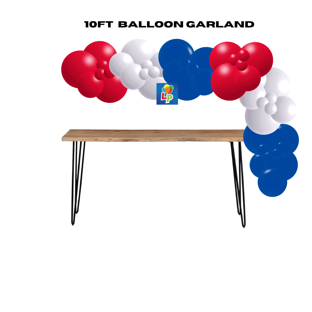 10ft balloon garland with red, white, and blue balloons above a wooden table on a white background.