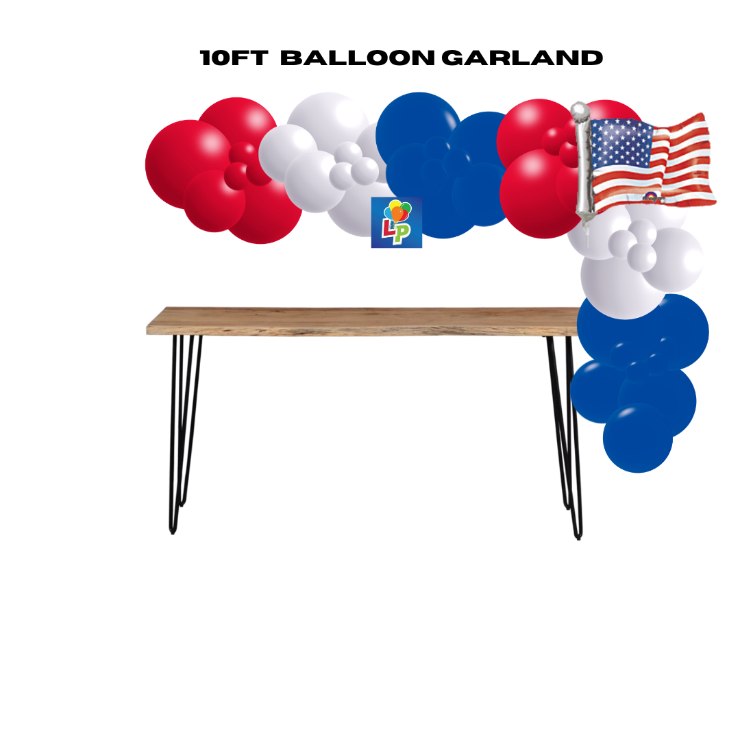 10ft balloon garland with red, white, and blue balloons and an 27" American flag above a wooden table on a white background.