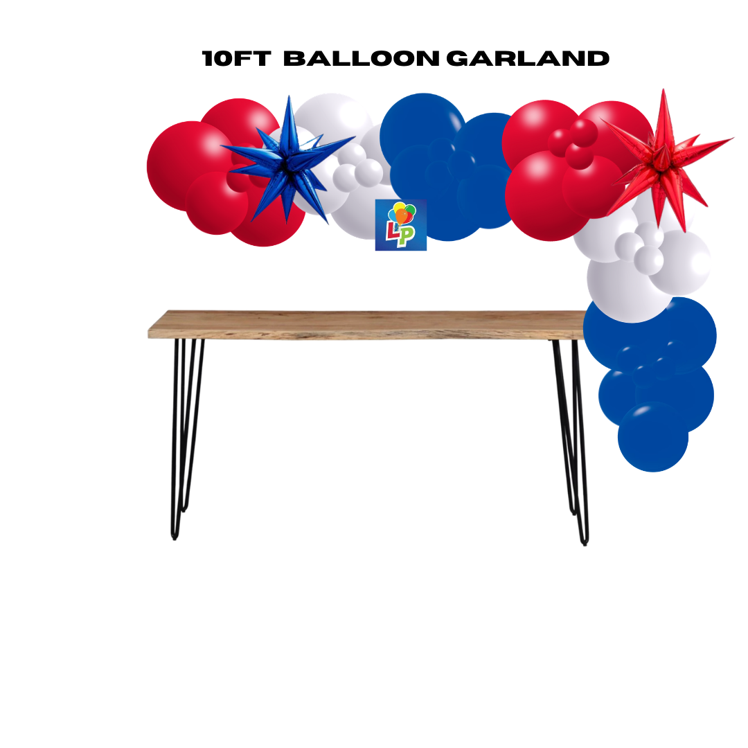 10ft balloon garland with red, white, and blue balloons w/ Starburst Balloons above a wooden table against a white background.