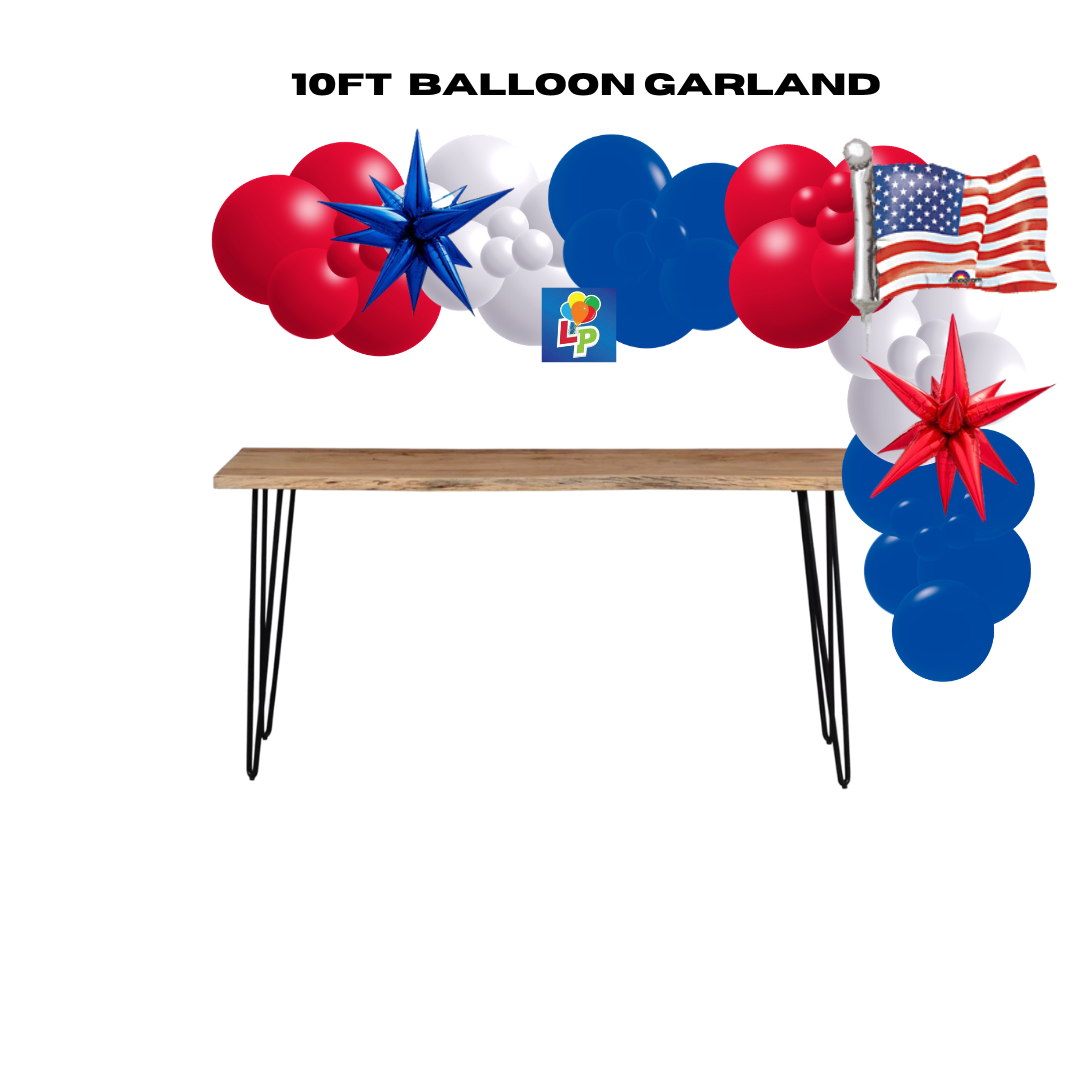 10ft balloon garland with 27" American flag and Starburst Balloons above a wooden tables on a white background
