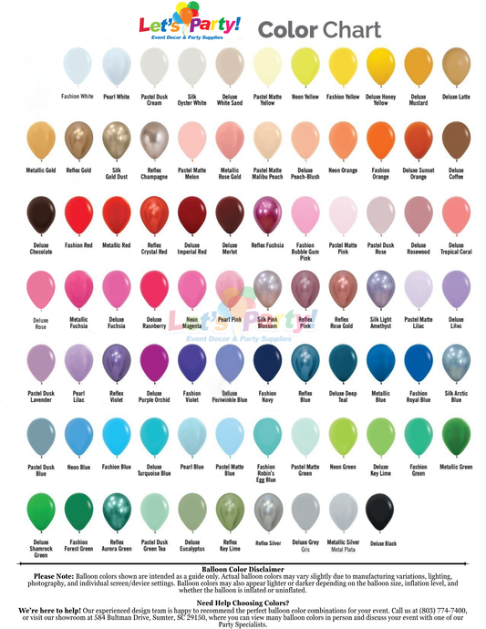 A colorful balloon color chart featuring rows of illustrated balloons in various colors, each labeled with its name such as metallic gold, pearl white, pink, blue, green, and purple. The top header reads 'Let's Party! Color Chart'.