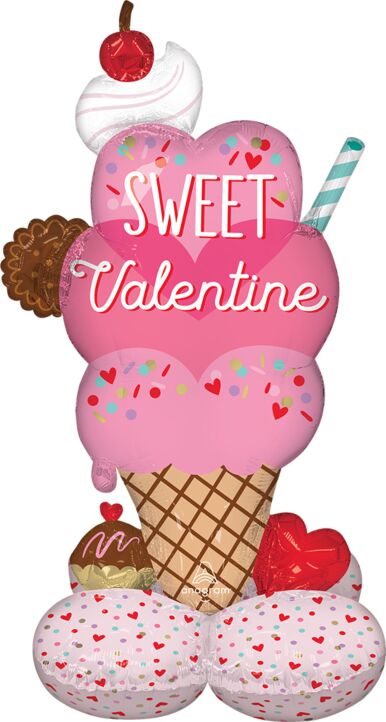 Valentine-themed ice cream cone balloon with heart-shaped pink ice cream, cookies, and a cherry on top.