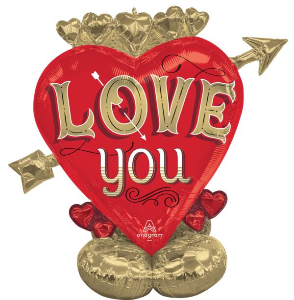 Heart-shaped balloon with 'LOVE you' text and gold accents.