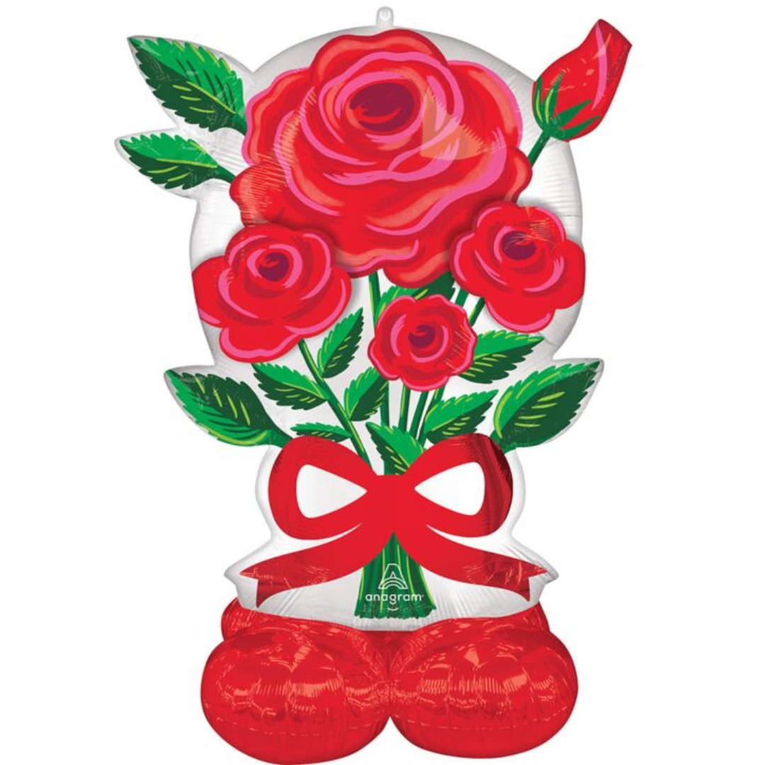 Balloon shaped like a bouquet of red roses with green leaves and a red bow.