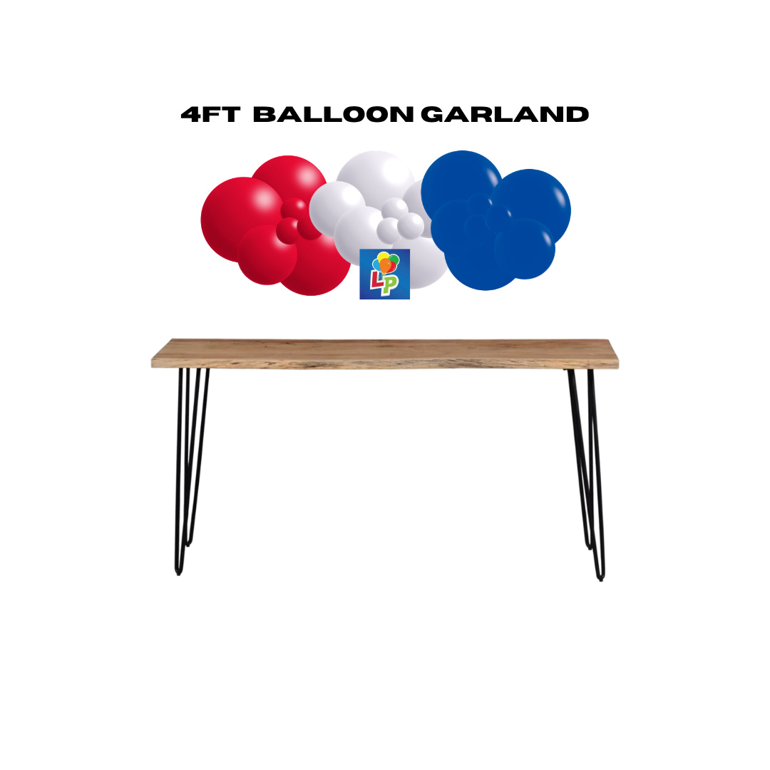 4ft balloon garland in red, white, and blue above a wooden table on a white background.