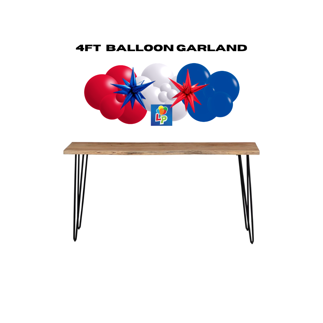 4ft balloon garland with red, white, and blue balloons w/Mini starbursts over a wooden table against a white background.