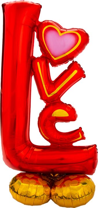 Red 'LOVE' balloon with heart design on a gold balloons.