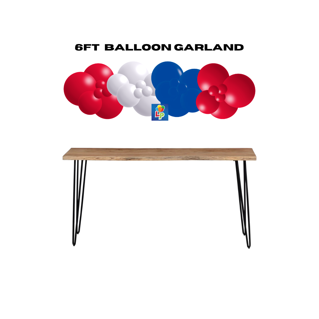 6ft balloon garland with red, white, and blue balloons above a wooden table on a white background.
