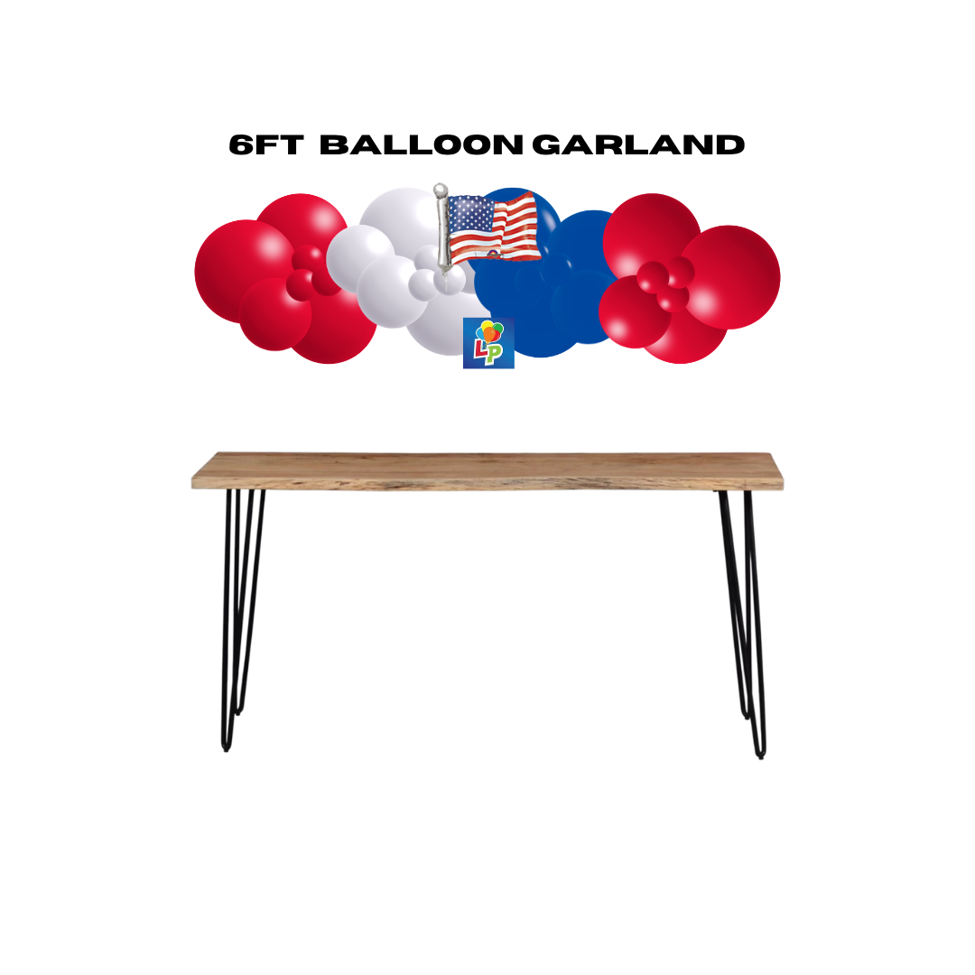 6ft balloon garland with 14" American flag above a wooden table.
