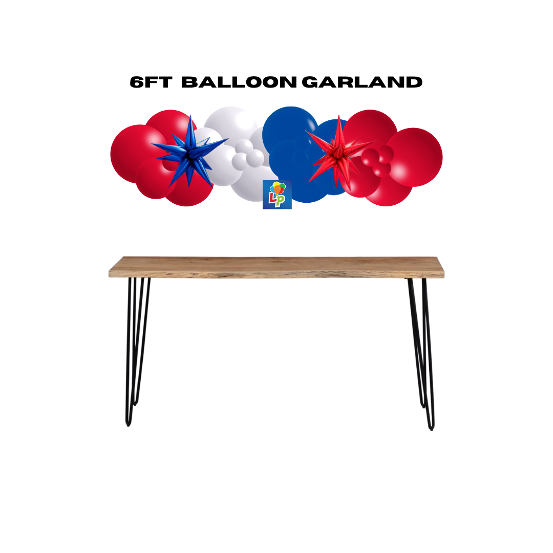 6ft balloon garland with red, white, and blue balloons w/Mini Starburst Balloons above a wooden table on a white background.