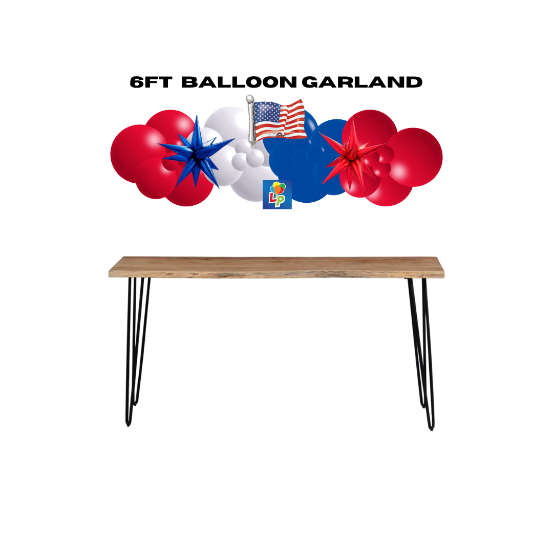 6ft Balloon Garland w/Mini Starburst and 14" American Flag Balloons Balloons above a wooden table