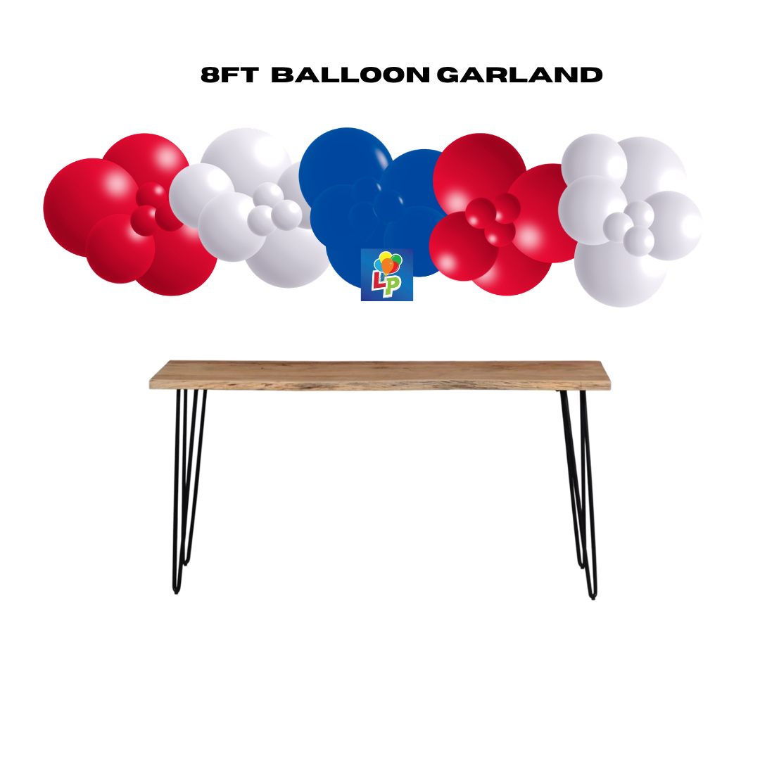 8ft balloon garland with red, white, and blue balloons above a wooden table on a white background.