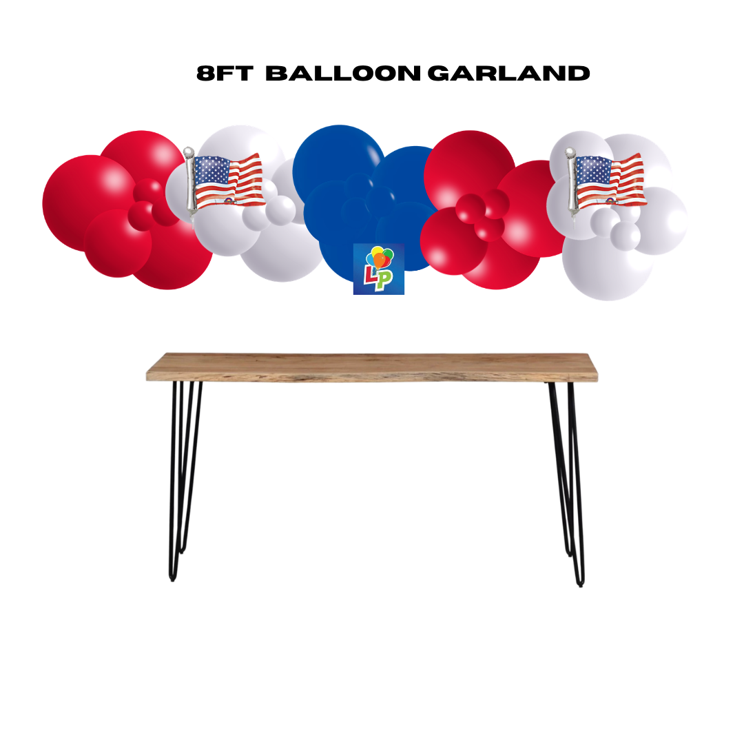 8ft balloon garland with red, white, and blue balloons and 14" American flags on a white background.
