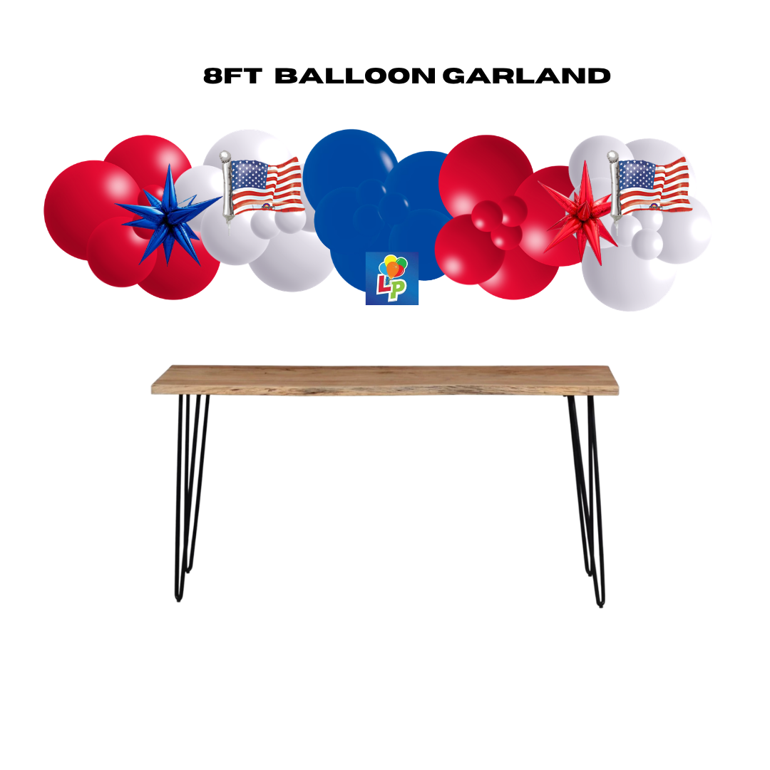 8ft balloon garland with red, white, and blue balloons and 14" American flags and Mini Starburst Balloons above a wooden table.
