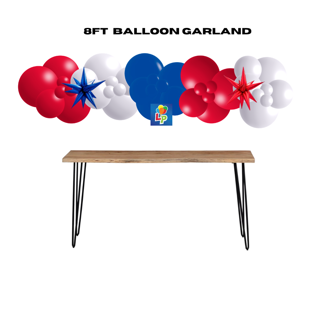 8ft balloon garland with red, white, and blue balloons w/Mini Starbursts above a wooden table on a white background.