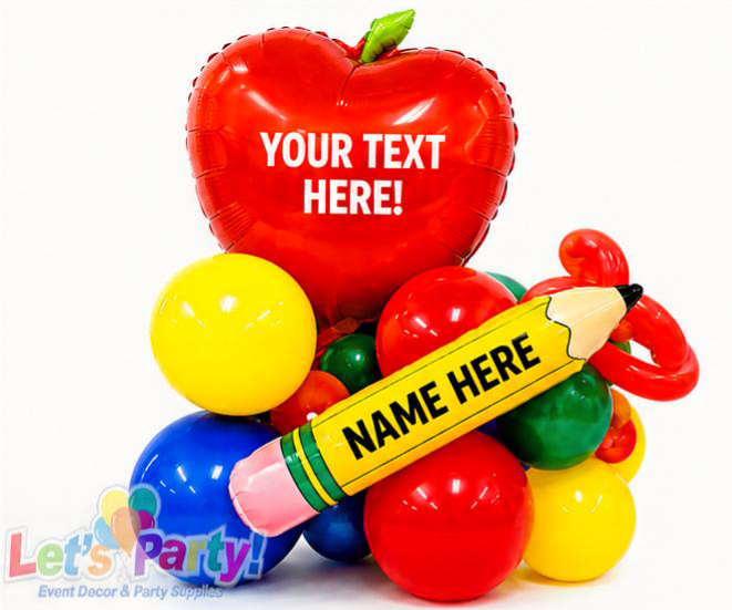 A balloon bouquet featuring a large red apple-shaped foil balloon with a green stem and white customizable text, a yellow pencil-shaped foil balloon with black text, and several smaller round balloons in red, yellow, blue, and green on a white background.