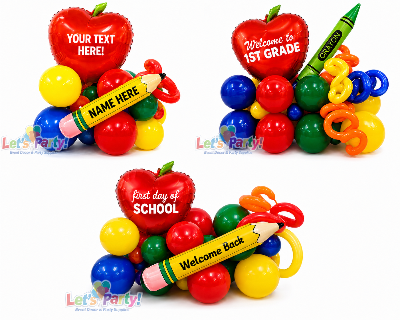 Three school-themed balloon arrangements on a white background, each featuring a red apple balloon with customizable text, a yellow pencil balloon, and a cluster of colorful balloons including blue, yellow, green, and orange.