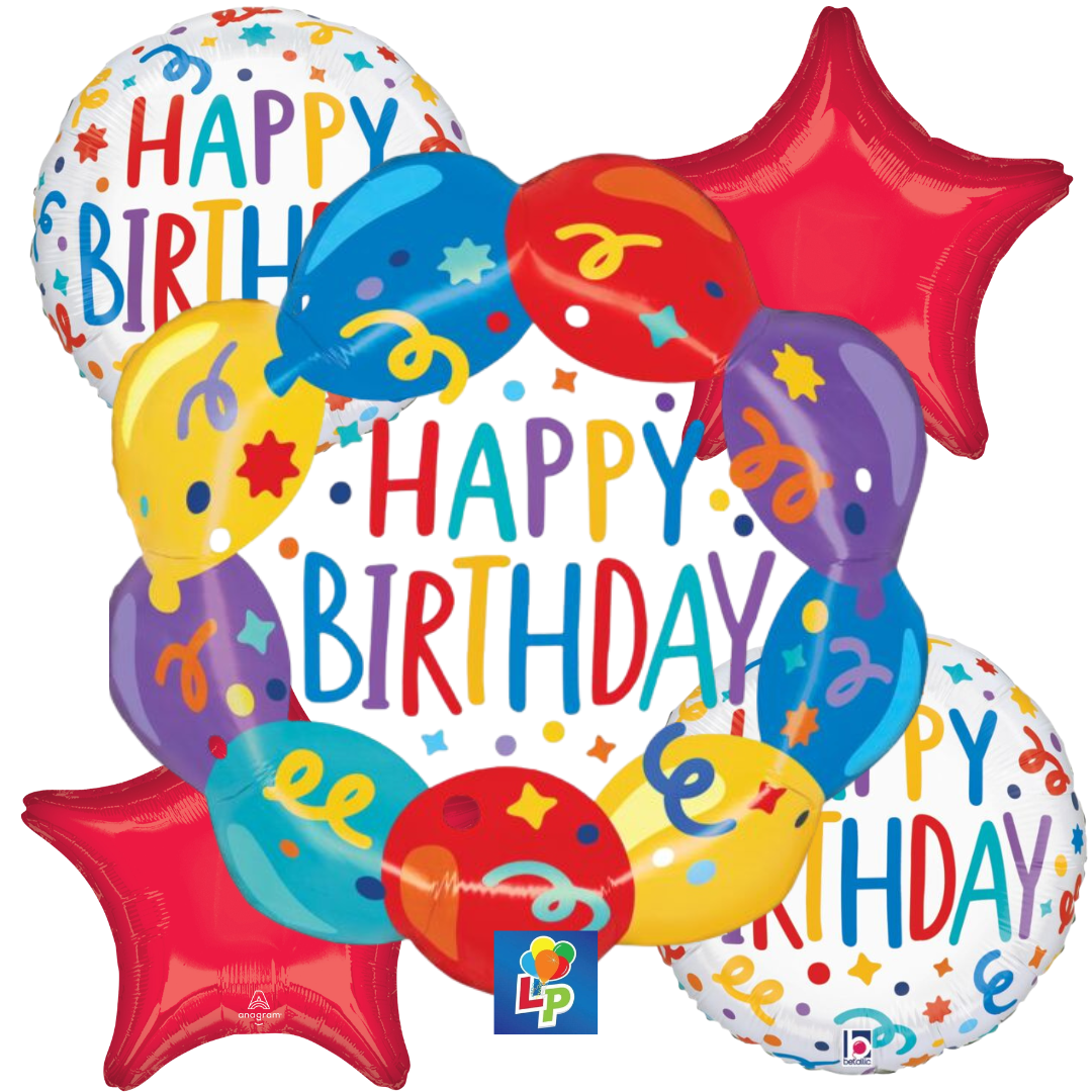 Colorful birthday balloons with 'Happy Birthday' text on a white background