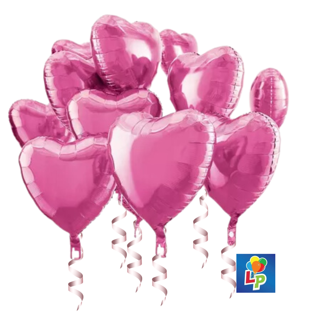 A bouquet of dark pink heart-shaped Mylar balloons tied with ribbons.