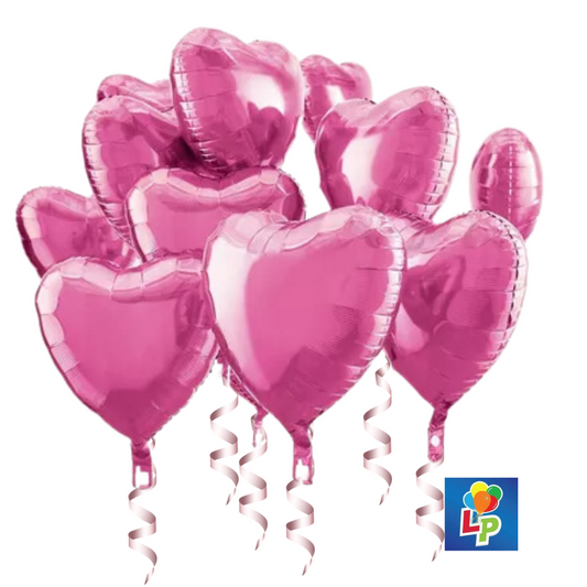 A bouquet of dark pink heart-shaped Mylar balloons tied with ribbons.