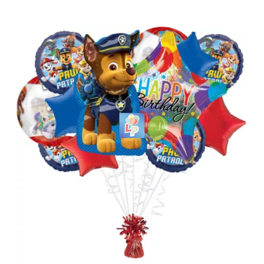 A Paw Patrol themed balloon bouquet featuring a large inflatable character balloon with the Paw Patrol logo, surrounded by smaller mylar balloons with the same character and text graphics.