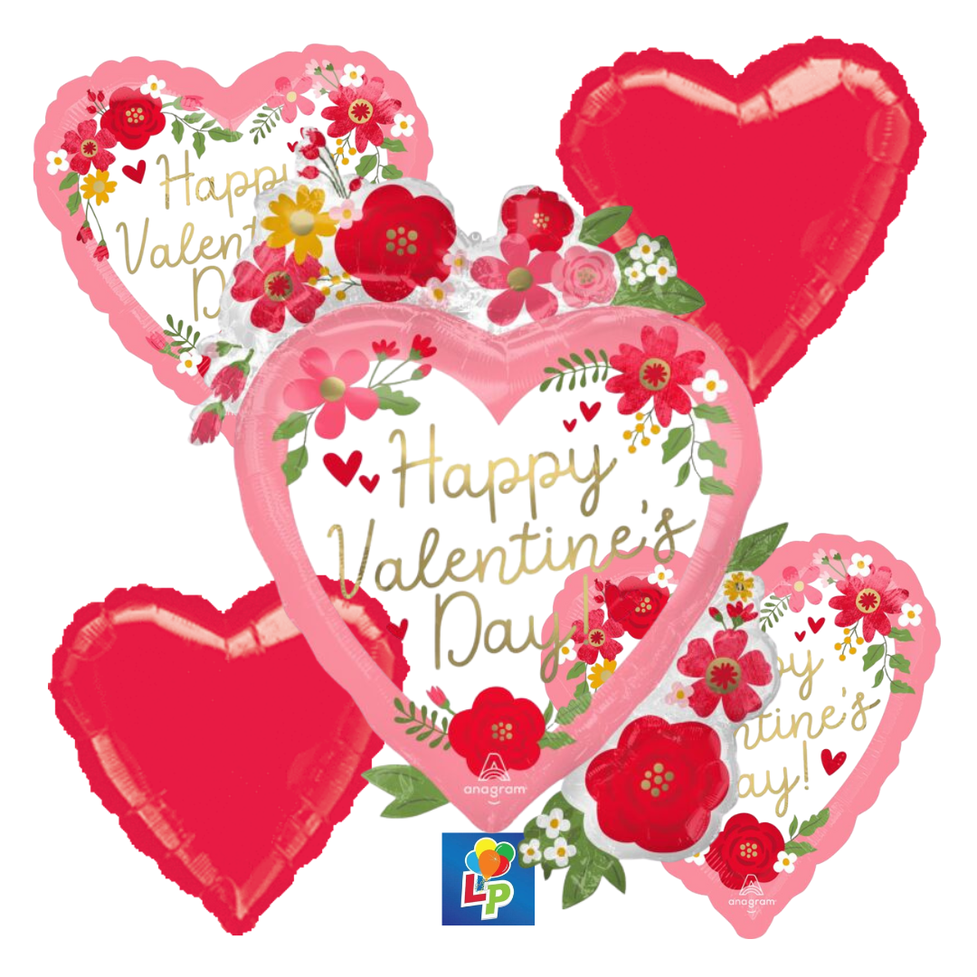 Heart-shaped Valentine's Day balloons with floral designs and 'Happy Valentine's Day!'.