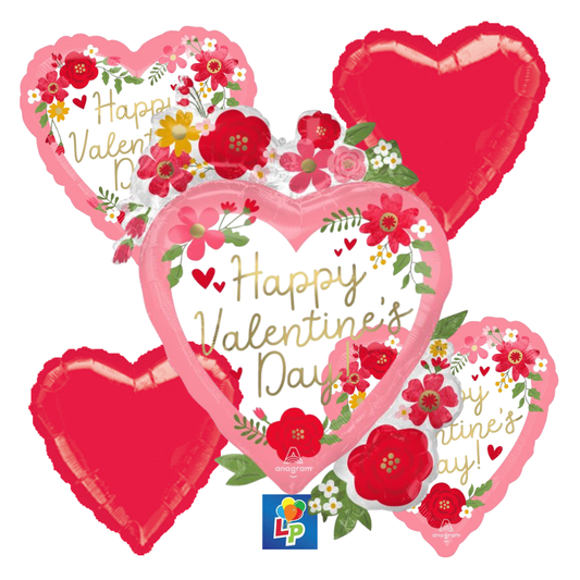 Heart-shaped Valentine's Day balloons with floral designs and 'Happy Valentine's Day!'.