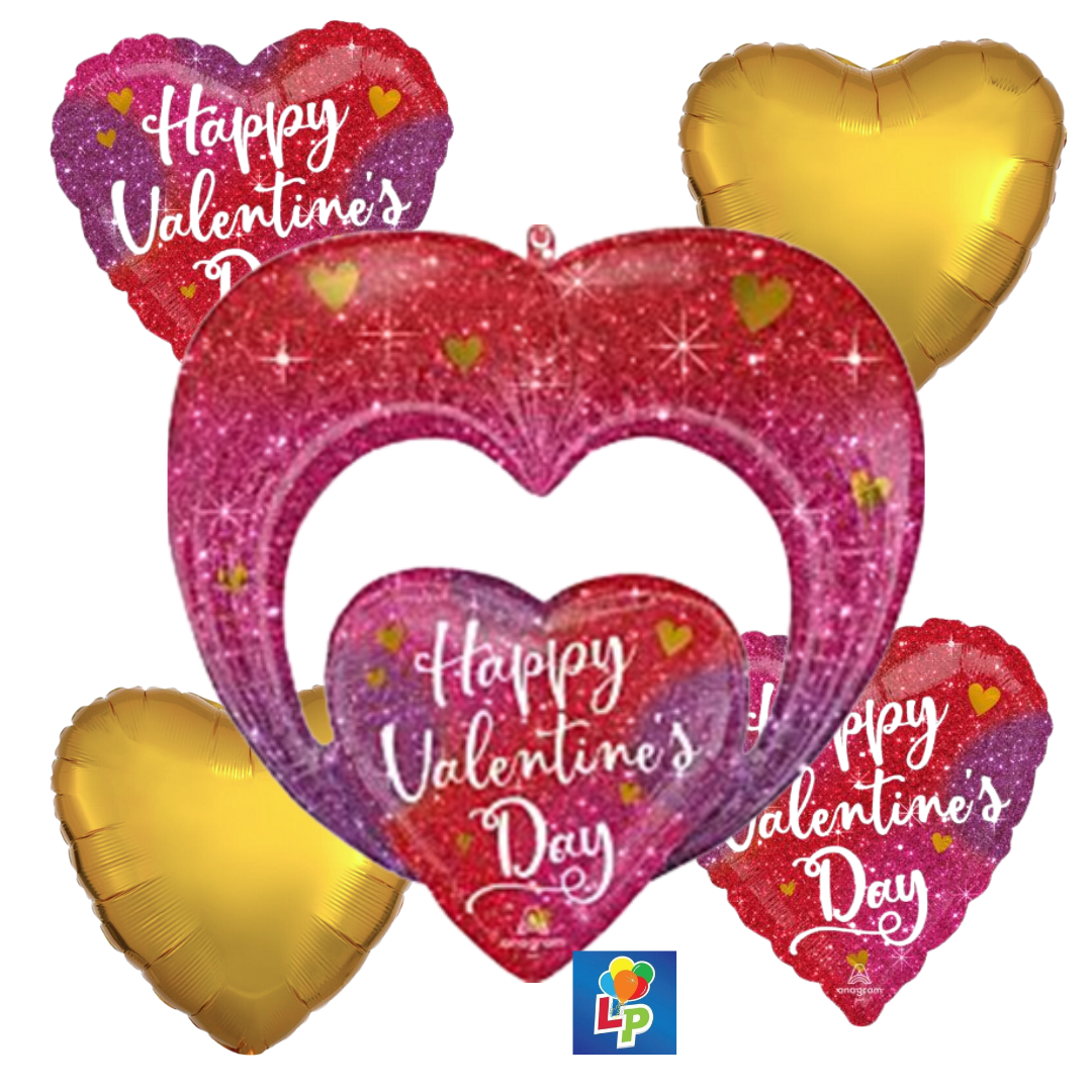 Heart-shaped Valentine's Day balloons with 'Happy Valentine's Day' texted on them.