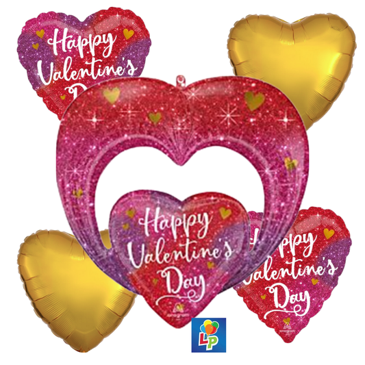 Heart-shaped Valentine's Day balloons with 'Happy Valentine's Day' texted on them.