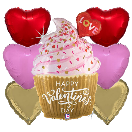 Valentine's Day-themed balloon set with a cupcake-shaped balloon and heart-shaped balloons.