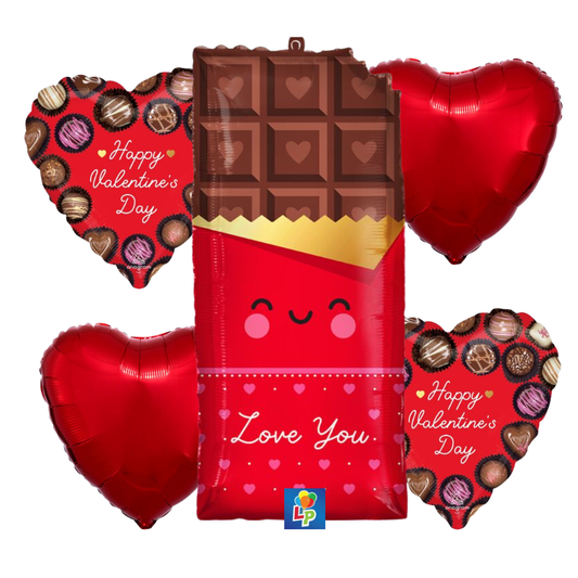 Valentine's Day-themed balloons including a chocolate bar and heart shapes with 'Happy Valentine's Day' text.