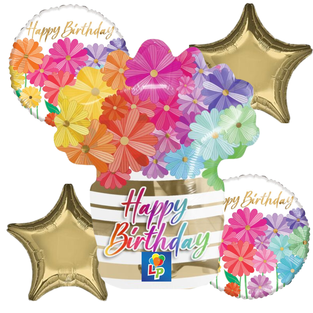 Colorful birthday balloon set with flowers and 'Happy Birthday' text, along with star balloons