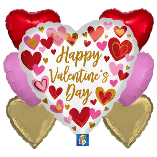 Heart-shaped balloons with 'Happy Valentine's Day' text and colorful hearts around it.