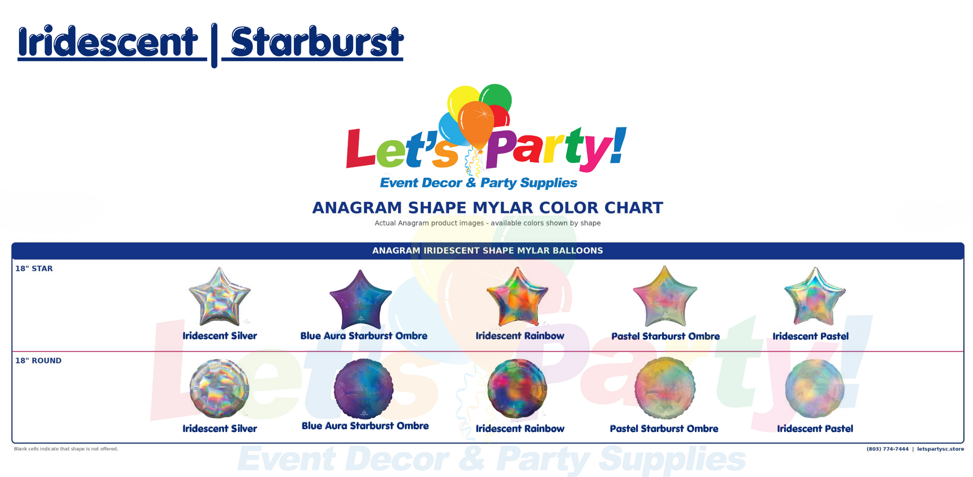 Anagram Starburst Mylar color chart from Let's Party! Event Decor & Party Supplies, showing star and round balloon shapes in multiple iridescent colors including Silver, Blue Aurora Starburst Onire, Rainbow, Portal Starburst Onire, and Panel Starburst Onire.