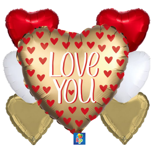Heart-shaped balloon with 'LOVE YOU' text and red hearts, surrounded by other heart balloons.