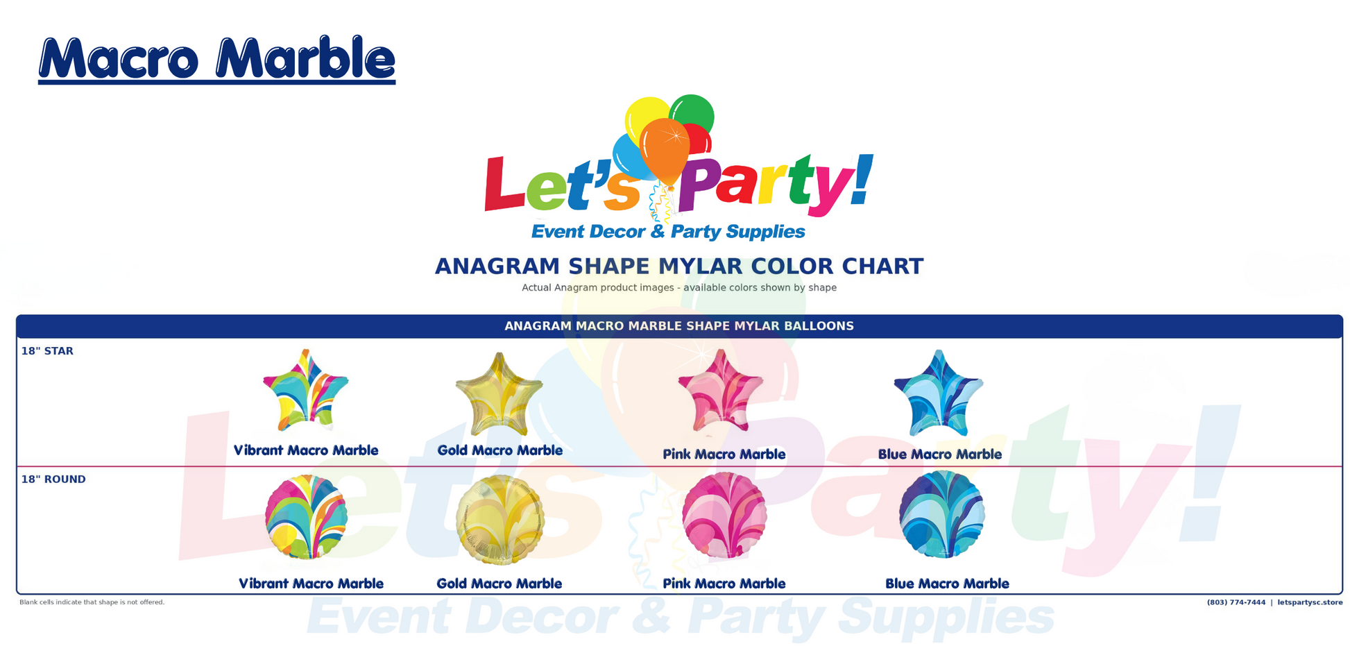 A color chart and selection guide for anagram shape mylar balloons by Macro Marble. The chart displays various color options for 18-inch stars and rounds, including Vibrant Macro Marble, Gold Macro Marble, Pink Macro Marble, and Blue Macro Marble, under the heading 'Let's Party!'.