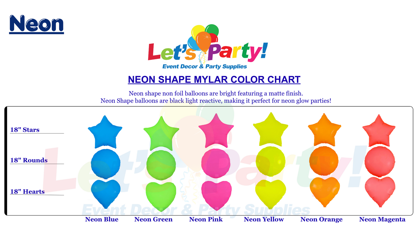 A neon shape mylar color chart from Let's Party! Event Decor & Party Supplies, showing star, round, and heart balloons in neon blue, green, pink, yellow, orange, and magenta.