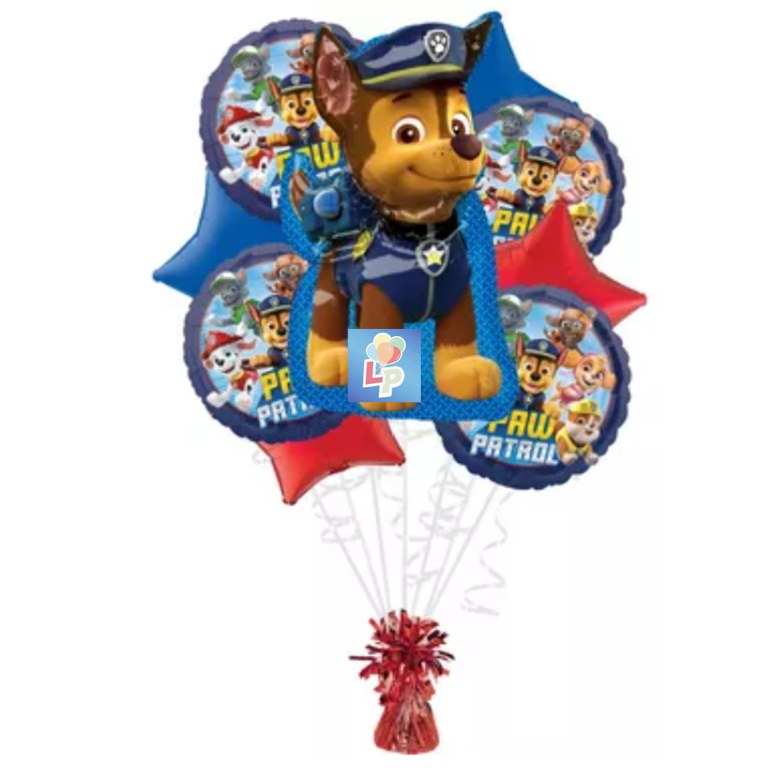 A Paw Patrol themed balloon bouquet featuring a large inflatable character balloon with the Paw Patrol logo, surrounded by smaller mylar balloons with the same character and text graphics.