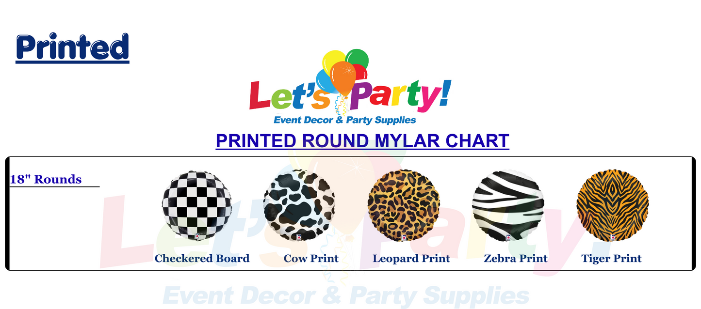 A printed circular mylar chart showing six print options: checkered board, cow print, leopard print, zebra print, and tiger print. The image includes the text 'Printed Round Mylar Chart' and a 'Let's Party! Event Decor & Party Supplies' logo at the top.