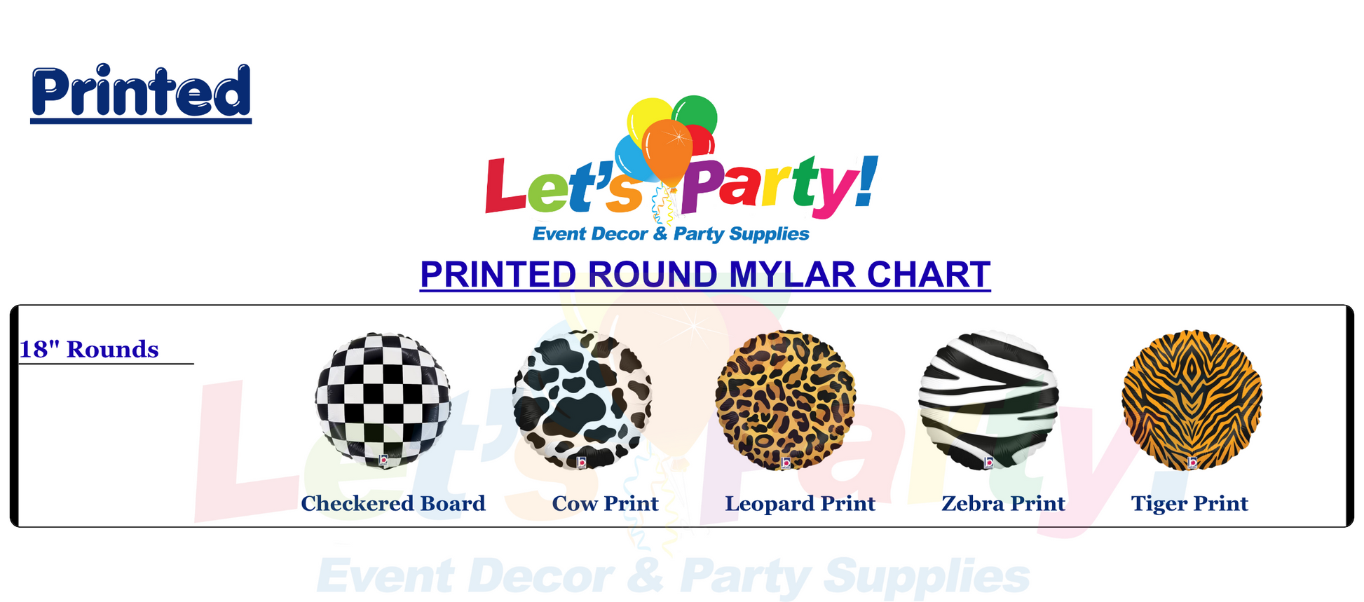 A printed circular mylar chart showing six print options: checkered board, cow print, leopard print, zebra print, and tiger print. The image includes the text 'Printed Round Mylar Chart' and a 'Let's Party! Event Decor & Party Supplies' logo at the top.