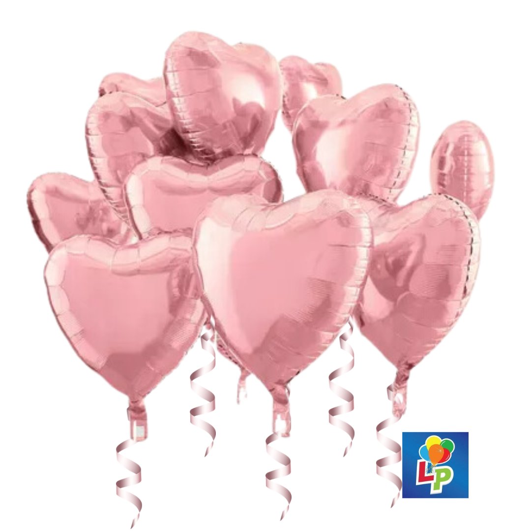 A bouquet of rose gold heart-shaped Mylar balloons tied with ribbons.