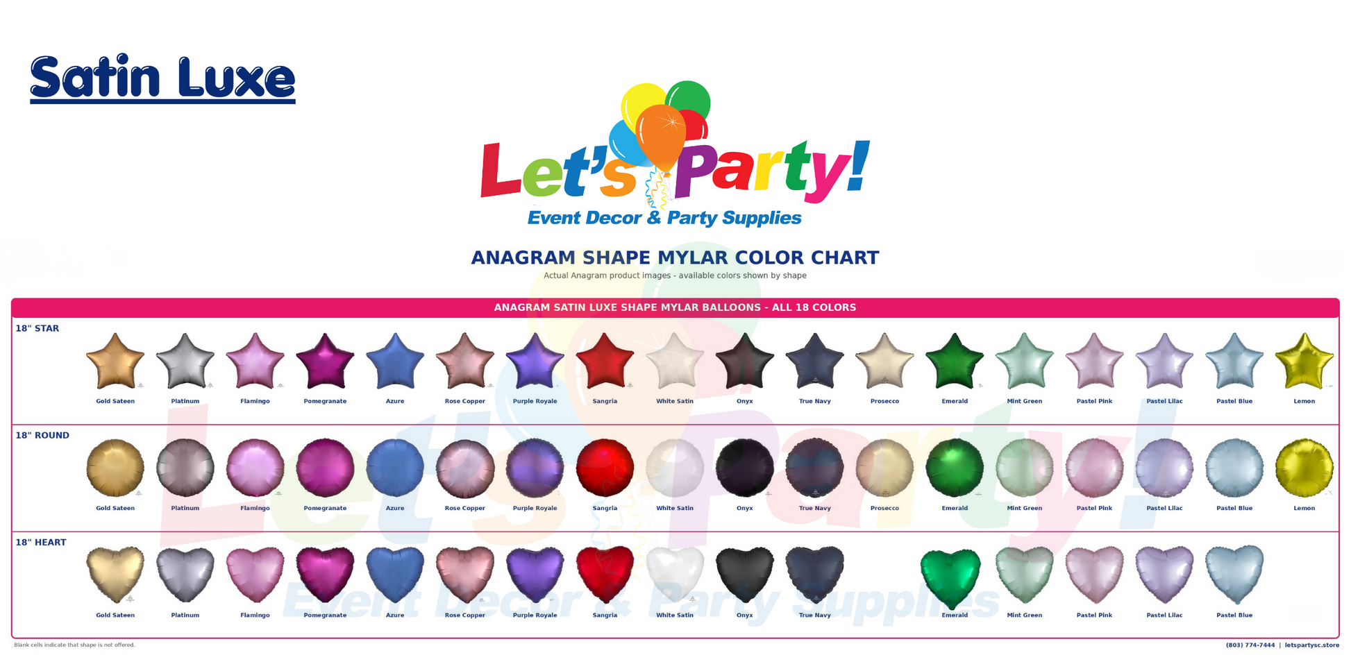 A color chart sheet for satin star, round, and heart-shaped balloons by Satin Luxe, showing many color options under the brand name 'Let's Party!'.