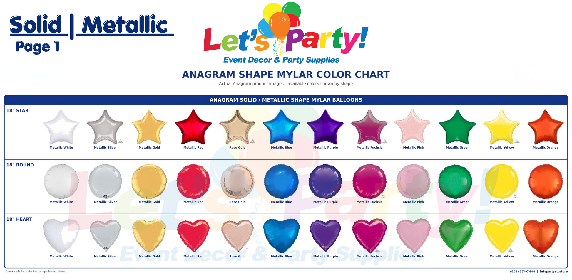 A color chart sheet for anagram shape mylar balloons, showing rows of balloon color options labeled by shape (star, round, heart) and finish (solid, metallic). The top header reads 'Let's Party! Event Decor & Party Supplies' and 'ANAGRAM SHAPE MYLAR COLOR CHART'.