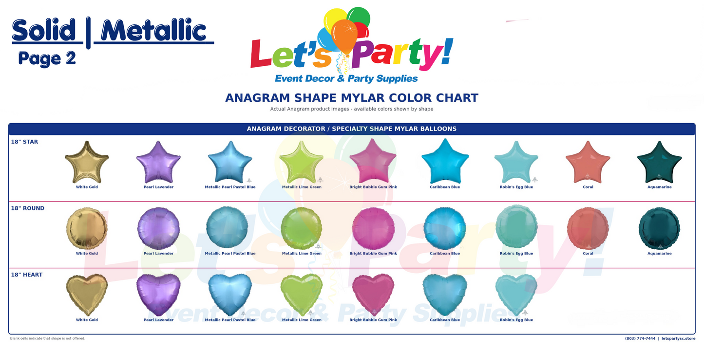 A color chart sheet for anagram shape mylar balloons, showing rows of balloon colors including white, yellow gold, pink, purple, green, blue, and teal. The top of the page has the text 'Solid | Metallic' and 'Let's Party! Event Decor & Party Supplies'.