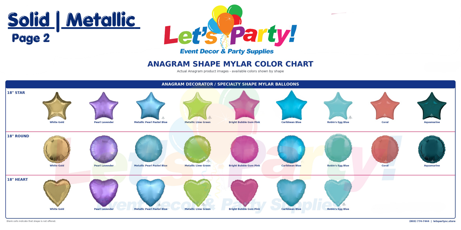 A color chart sheet for anagram shape mylar balloons, showing rows of balloon colors including white, yellow gold, pink, purple, green, blue, and teal. The top of the page has the text 'Solid | Metallic' and 'Let's Party! Event Decor & Party Supplies'.