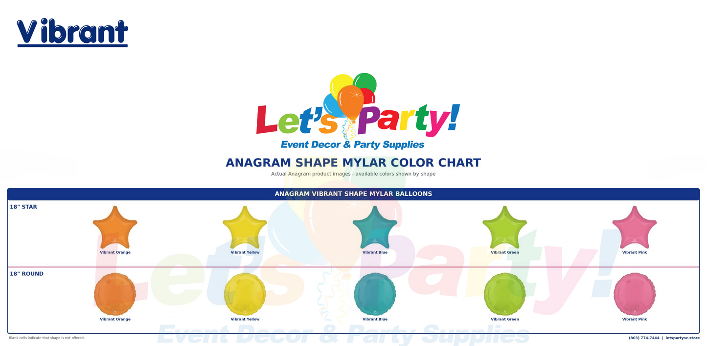 A Vibrant 'Let's Party!' Anagram Shape Mylar Color Chart displaying various colored anagram balloon shapes including stars, round balls, and borders, with brand logos at the top.